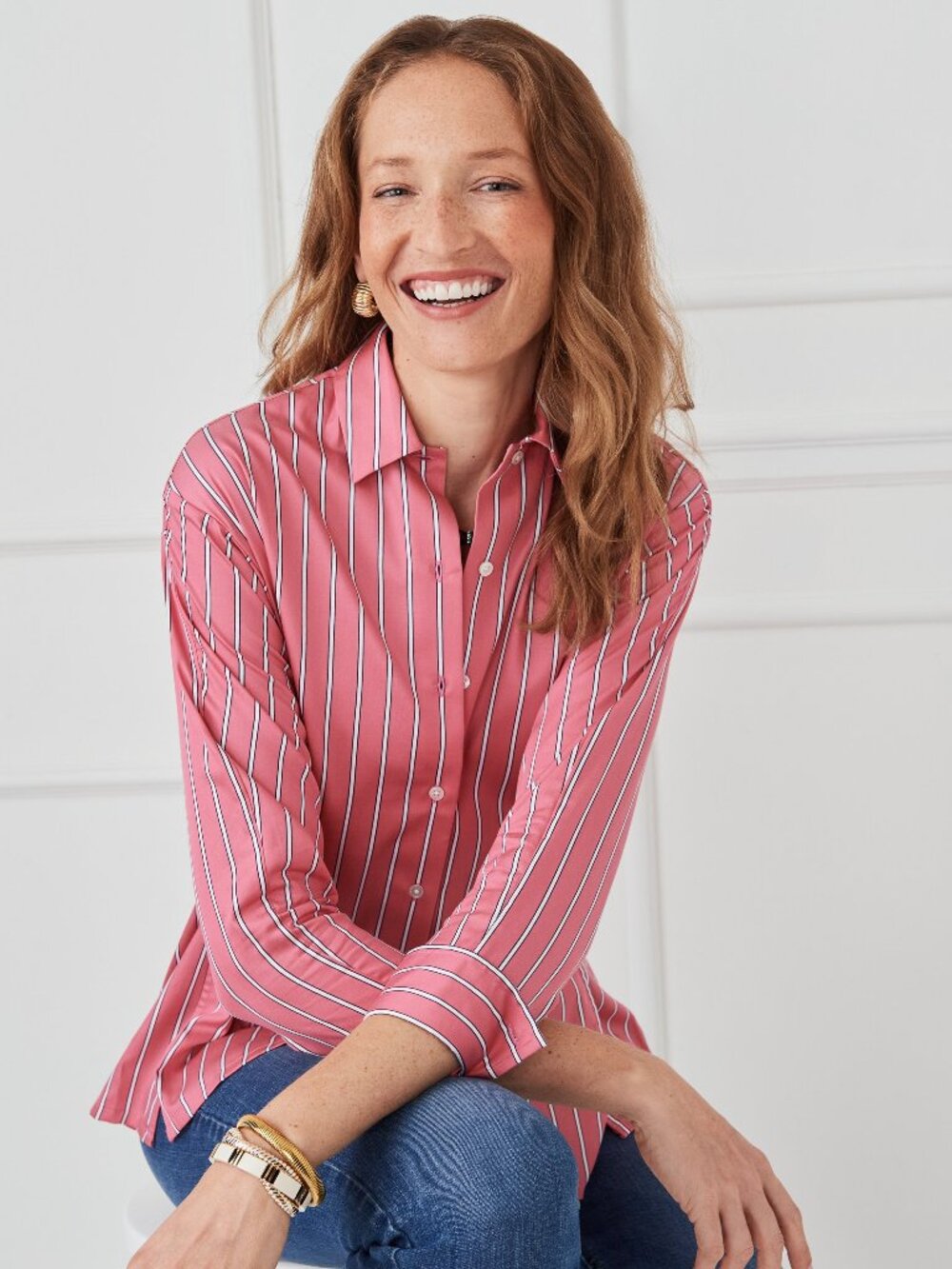 J McLaughlin Alexis Shirt in Stripe - Coral/White NEW